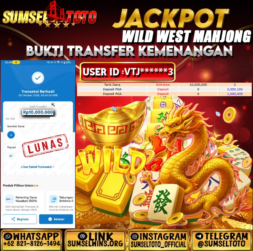 SUMSELTOTO JACKPOT WILD WEST MAHJONG Rp.10,000,000,- LUNAS